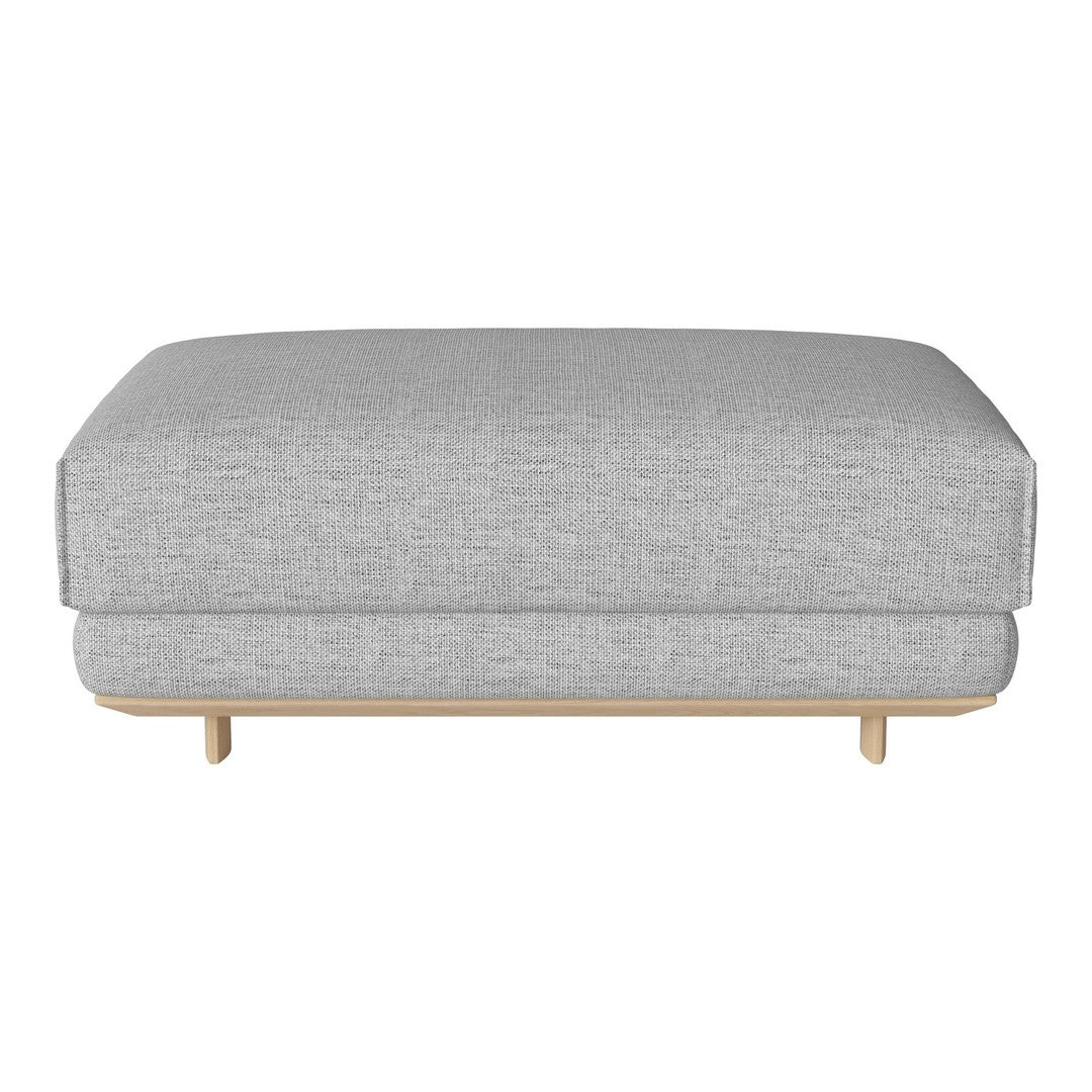 Gray upholstered ottoman with a textured pattern and natural wooden legs, perfect for modern living spaces.