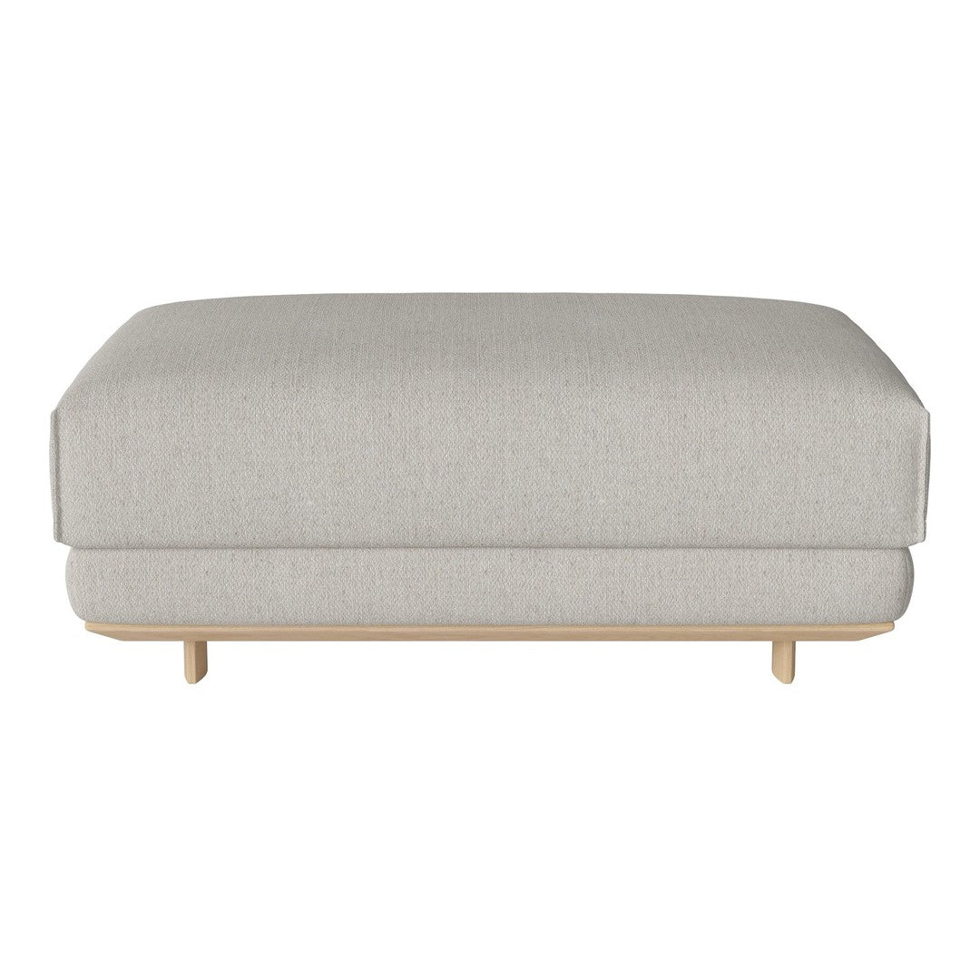 Light gray upholstered ottoman with a smooth, minimalist design and natural wood legs. Perfect for modern decor.