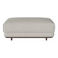 Light beige upholstered ottoman with subtle texture and wooden base. Minimalist design fits various decor styles.