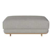Gray upholstery ottoman with subtle texture and minimalist design, featuring wooden legs for a modern touch.