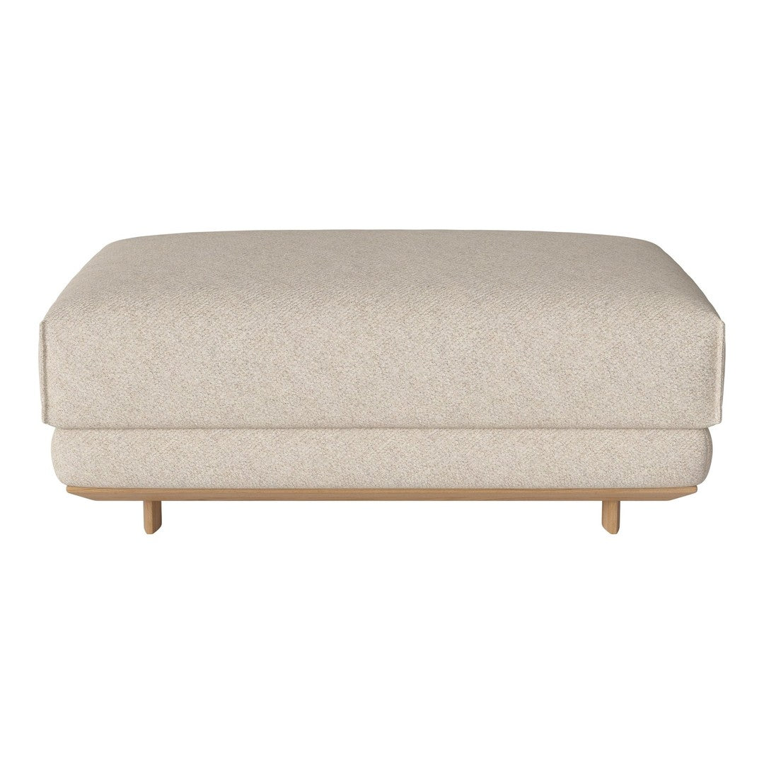 Beige upholstered ottoman with subtle texture, featuring clean lines and wooden legs for a modern look.