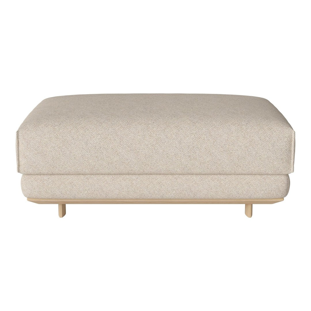 Beige upholstered ottoman with a subtle woven pattern and natural wooden legs, perfect for modern interiors.