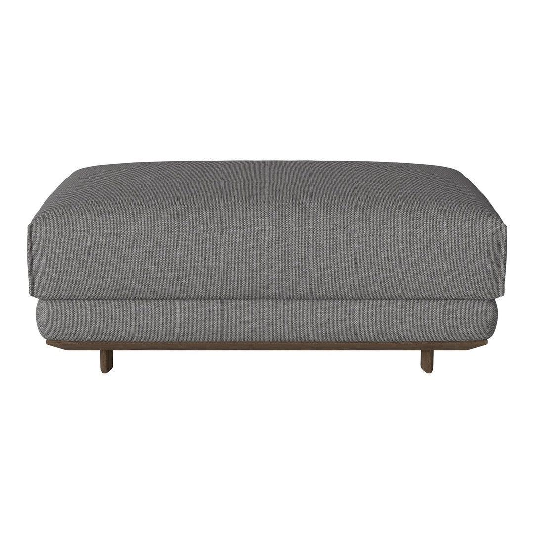 Gray upholstered ottoman with a textured pattern and wooden legs, perfect for modern living spaces.