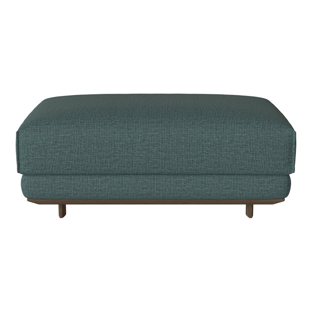 Teal upholstered ottoman with textured fabric and minimalist design, featuring wooden legs for modern appeal.