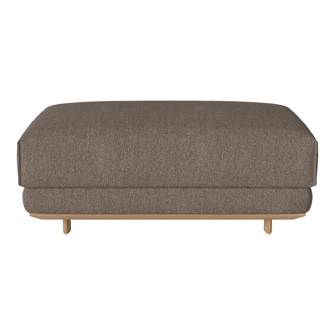 Brown textured fabric ottoman with smooth edges and wooden legs, perfect for minimalist decor.