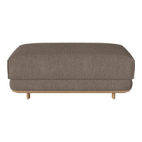 Brown textured fabric ottoman with smooth edges and wooden legs, perfect for minimalist decor.