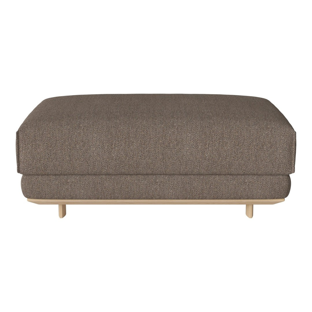 Brown fabric ottoman with a smooth, minimalist design and wooden legs. Versatile addition to any modern decor.