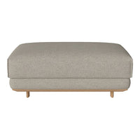 Light gray upholstered ottoman with a smooth texture and natural wooden legs, featuring a minimalist design.