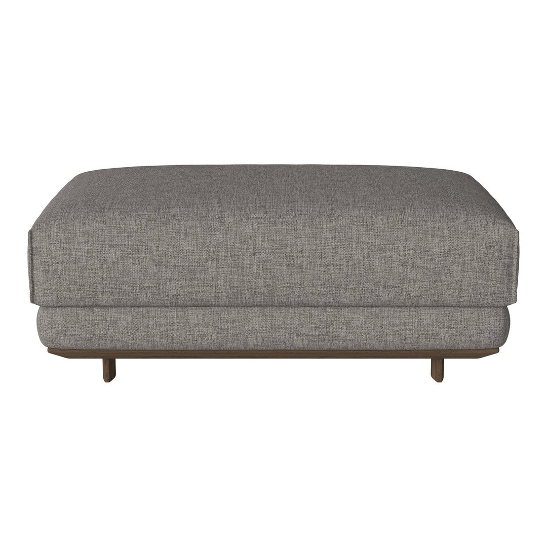 Gray upholstered ottoman with a textured fabric and solid wood base, perfect for modern living spaces.