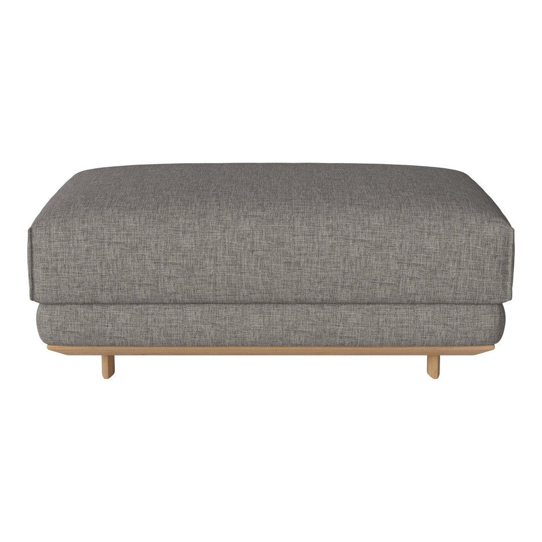 Gray fabric ottoman with a textured finish and natural wood legs, perfect for modern decor.