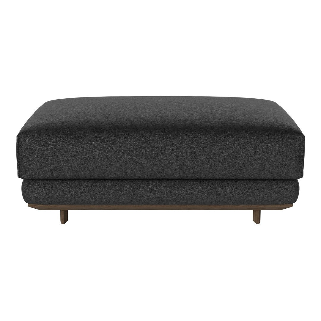 Black upholstery ottoman with a smooth, solid surface and wooden legs, perfect for modern decor.