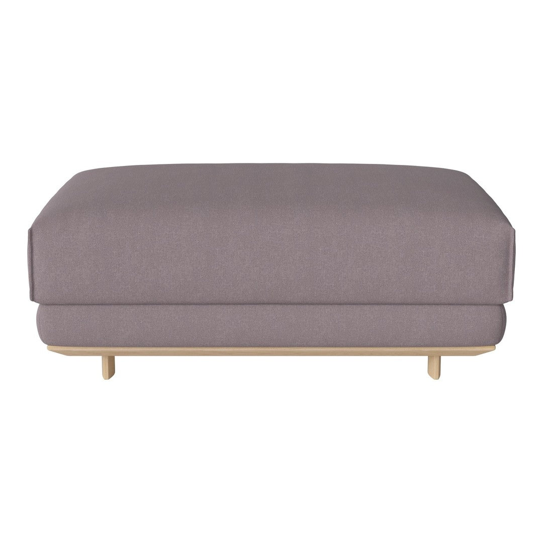 Gray upholstered ottoman with a smooth, minimalist design and light wooden legs. Perfect for modern decor.