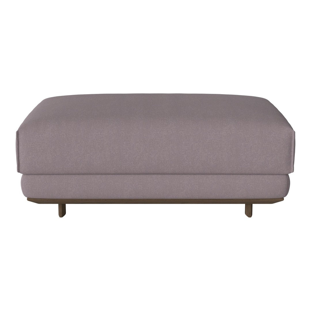 Stylish gray upholstered ottoman with a smooth surface and modern wooden legs. Perfect for contemporary decor.