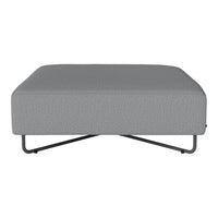 Gray upholstered ottoman with subtle textured pattern, featuring a sleek black metal base. Perfect for modern decor.