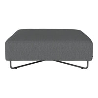Gray upholstered ottoman with subtle textured pattern and sleek black metal legs for a modern look.