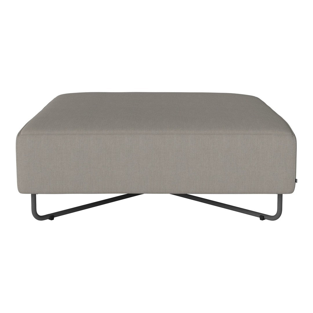 Gray square ottoman with a smooth fabric surface and sleek metal legs. Minimalist design, perfect for modern decor.