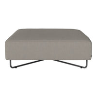 Gray square ottoman with a smooth fabric surface and sleek metal legs. Minimalist design, perfect for modern decor.