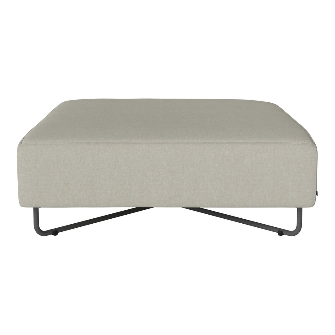 Light grey square ottoman with a minimalist design and black metal legs, perfect for contemporary decor.