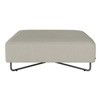 Light grey square ottoman with a minimalist design and black metal legs, perfect for contemporary decor.