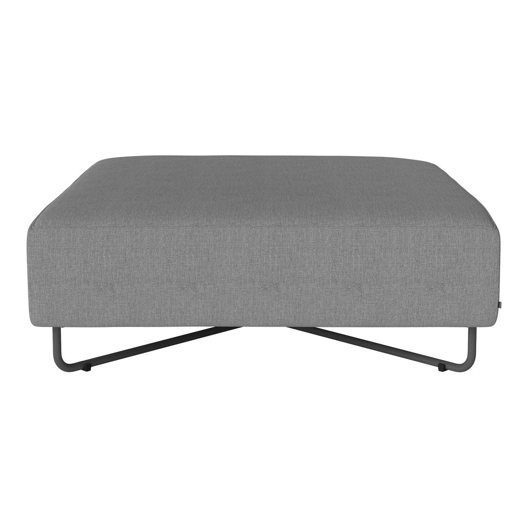 Gray upholstered ottoman with a minimalist design and sleek black metal legs. Perfect for modern decor.