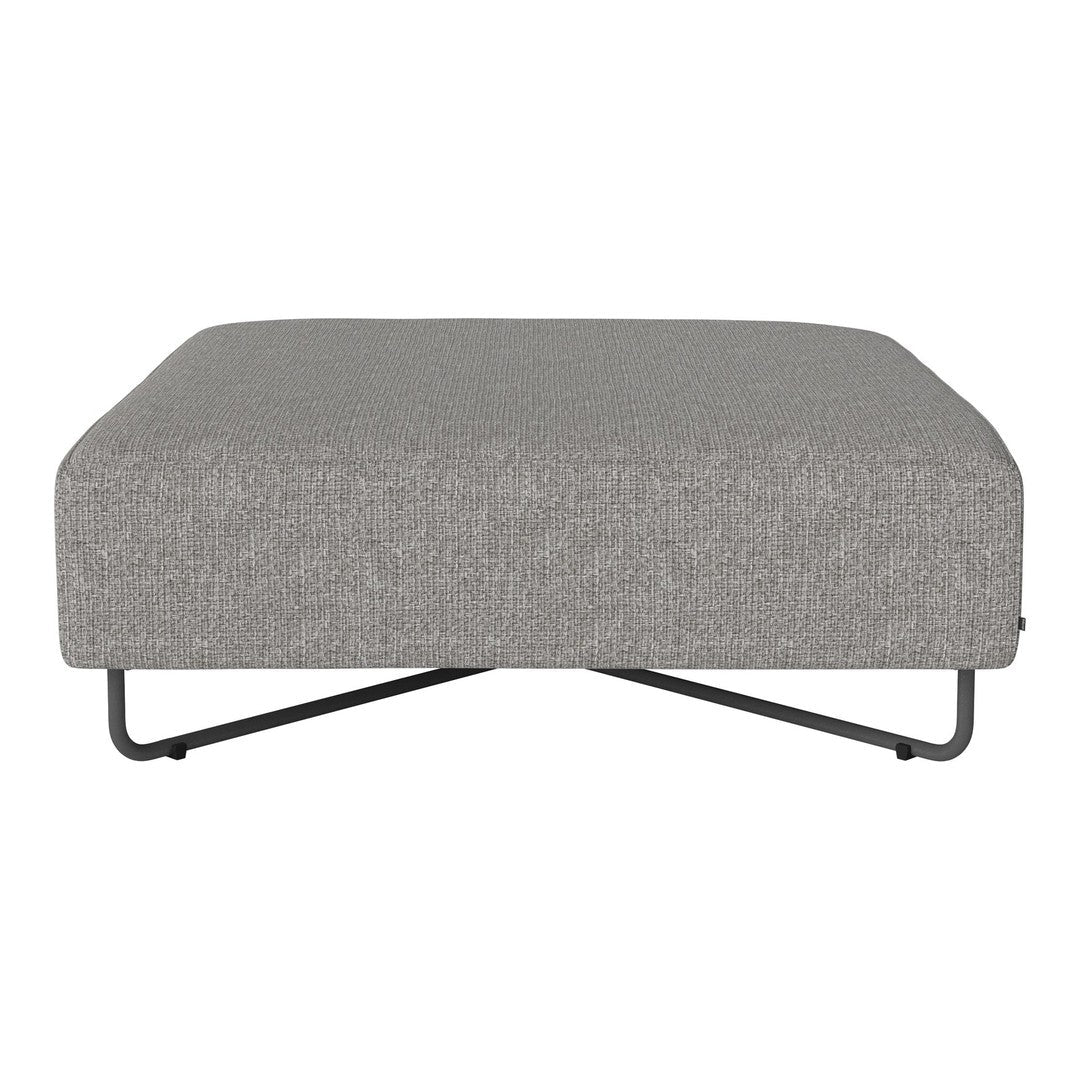 Gray upholstered ottoman with a textured fabric and sleek black metal legs, featuring a modern rectangular design.