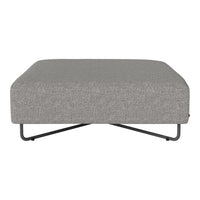 Gray upholstered ottoman with a textured fabric and sleek black metal legs, featuring a modern rectangular design.