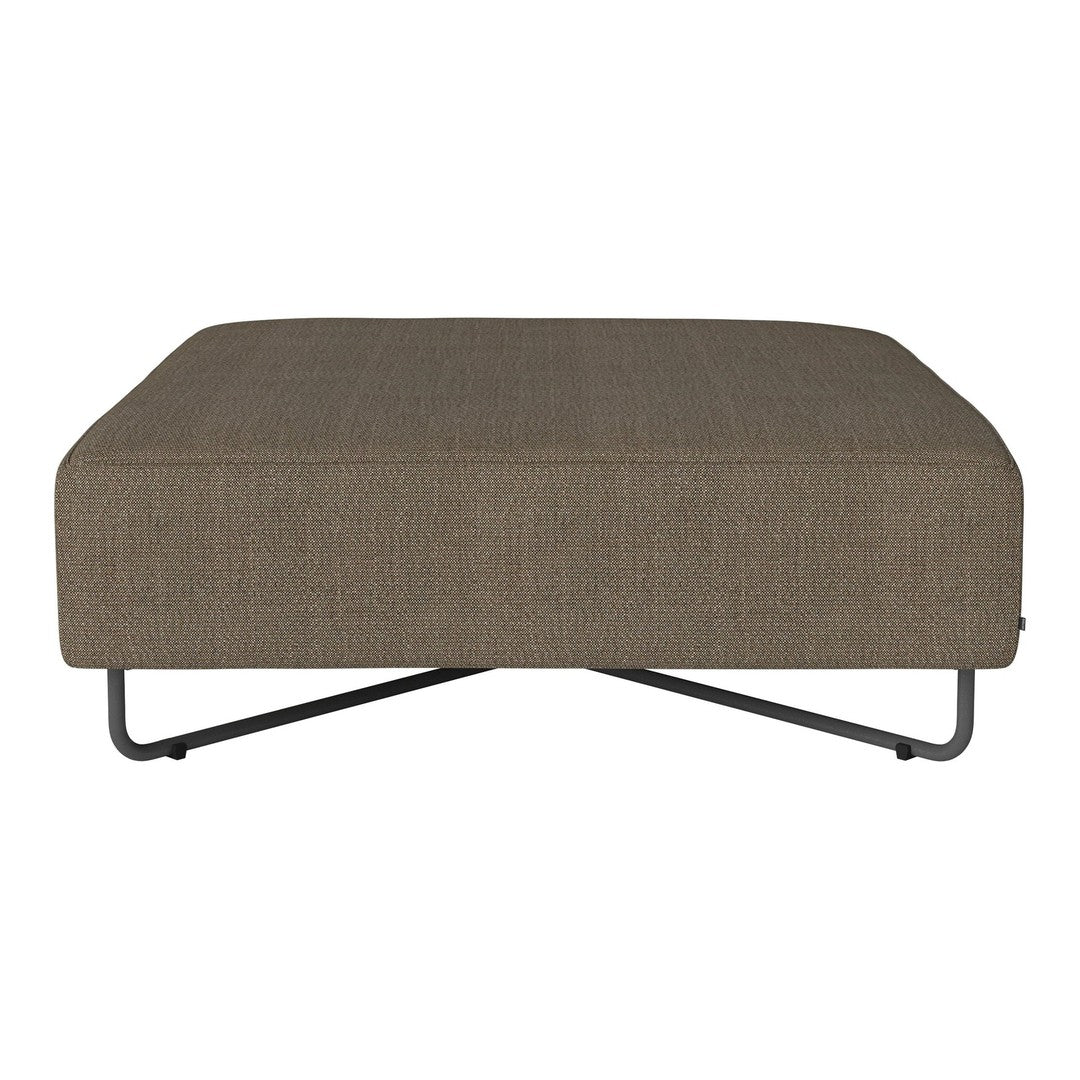 Brown fabric ottoman with a textured pattern and sleek black metal legs, ideal for contemporary living spaces.