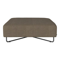 Brown fabric ottoman with a textured pattern and sleek black metal legs, ideal for contemporary living spaces.