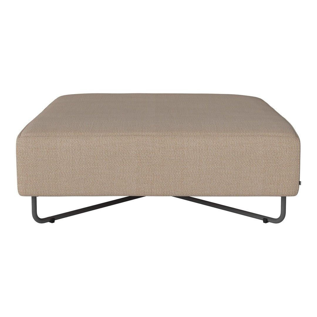 Beige square ottoman with a smooth fabric surface and modern metal base. Minimalist design, no visible patterns.