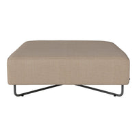 Beige square ottoman with a smooth fabric surface and modern metal base. Minimalist design, no visible patterns.