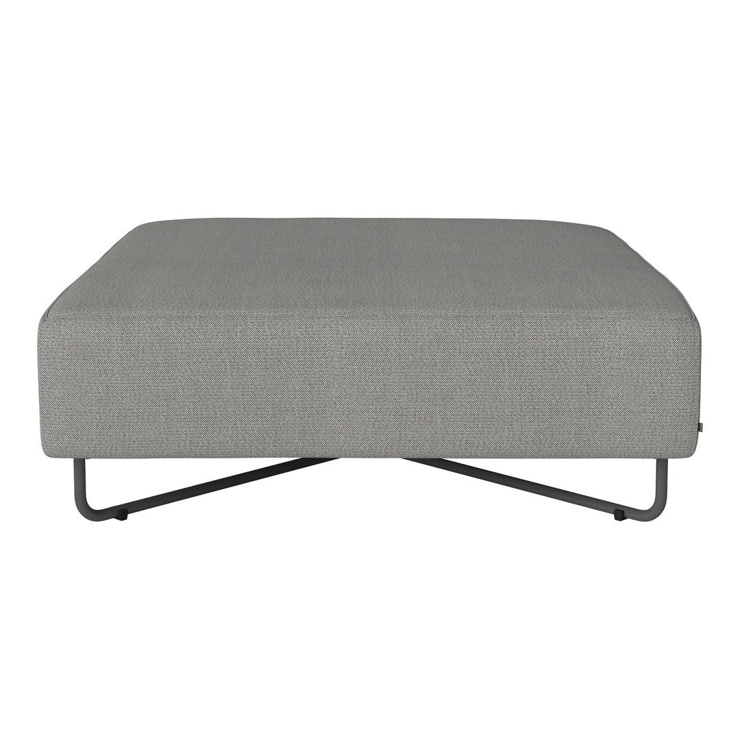 Gray square ottoman with a subtle woven pattern and black metal base, perfect for modern decor.