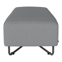 Gray textured ottoman with subtle patterns and sleek metal base for modern decor.