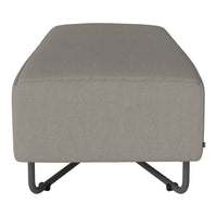 Gray tufted ottoman with a sleek, modern design and minimalist metal legs, perfect for contemporary decor.