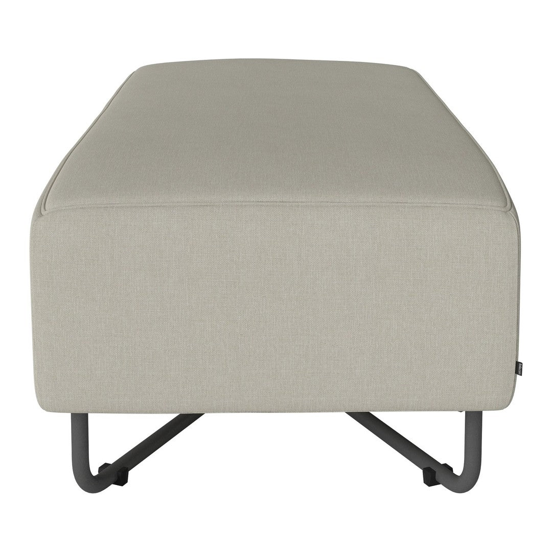 Light gray upholstered ottoman with a sleek, modern design and sturdy black metal base. Ideal for contemporary decor.