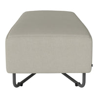 Light gray upholstered ottoman with a sleek, modern design and sturdy black metal base. Ideal for contemporary decor.
