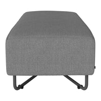 Gray upholstered ottoman with a sleek, modern design and contrasting black metal legs.