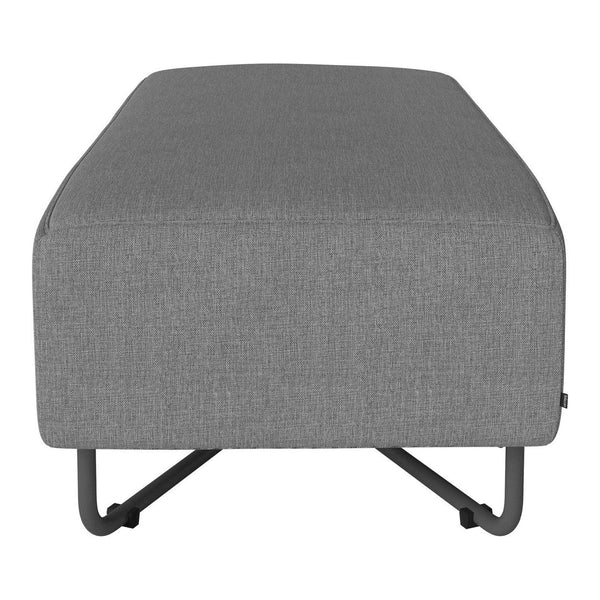 Gray upholstered ottoman with a sleek, modern design and contrasting black metal legs.