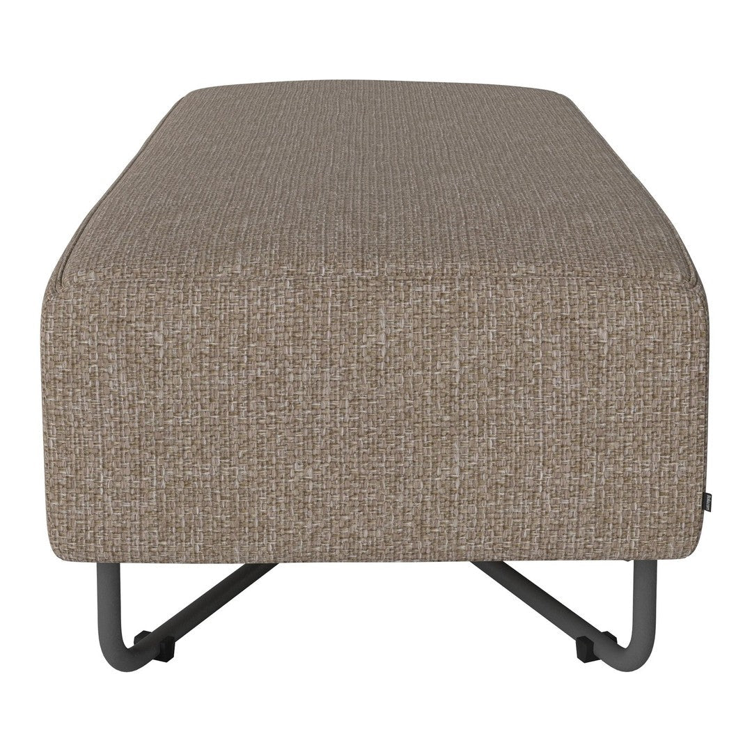Brown textured fabric ottoman with a subtle woven pattern and sturdy black metal legs. Ideal for modern decor.