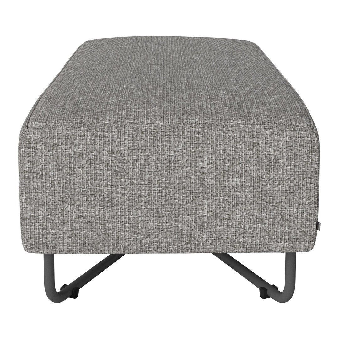 Gray textured ottoman with a minimalist pattern and sleek black metal legs. Perfect for modern decor.