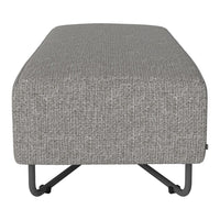 Gray textured ottoman with a minimalist pattern and sleek black metal legs. Perfect for modern decor.