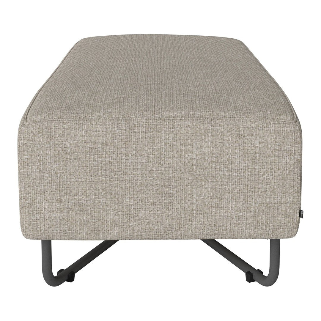 Neutral beige ottoman with subtle textured pattern and sleek black metal legs, perfect for modern decor.
