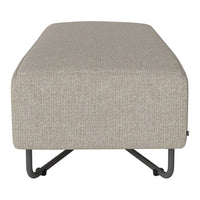 Neutral beige ottoman with subtle textured pattern and sleek black metal legs, perfect for modern decor.