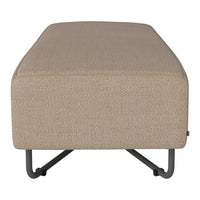 Beige upholstered ottoman with a subtle textured pattern and sleek black metal legs.