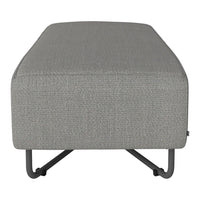 Gray upholstered ottoman with a textured fabric and sleek black metal legs. Modern and minimalist design.