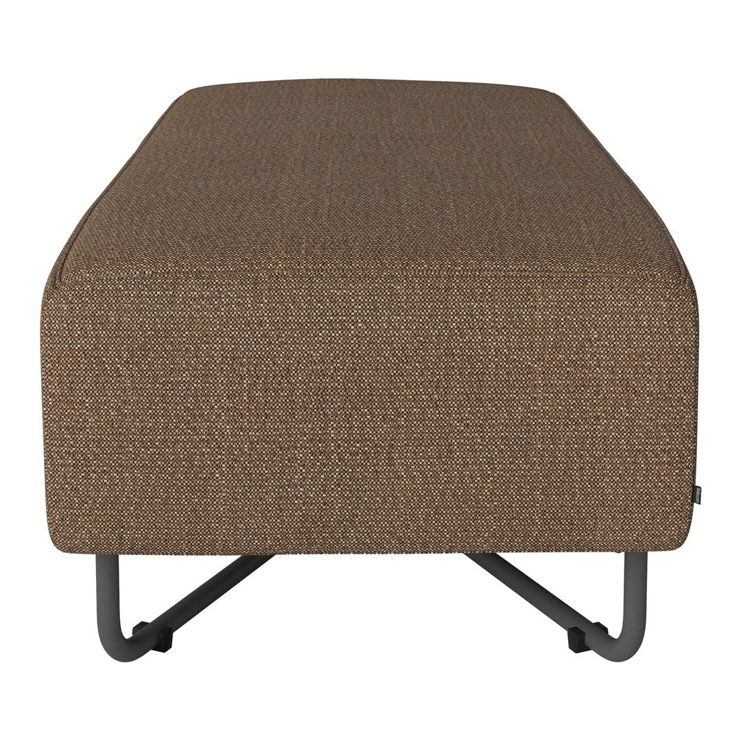 Brown textured ottoman with subtle woven pattern and sleek metal legs. Ideal for modern living spaces.