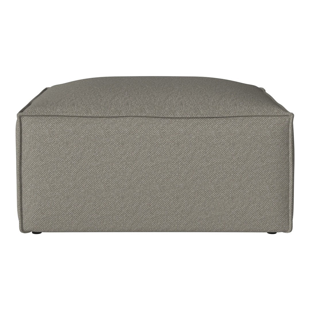 Stylish square ottoman in a soft gray fabric with a subtle textured pattern. Ideal for modern decor.