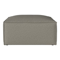 Stylish square ottoman in a soft gray fabric with a subtle textured pattern. Ideal for modern decor.