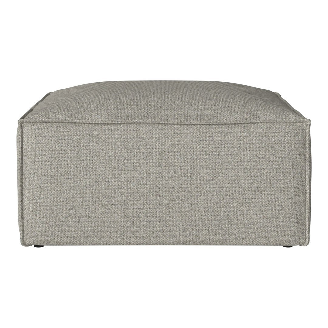 Light gray upholstered ottoman with a simple, textured pattern and clean, modern lines. Perfect for any decor.