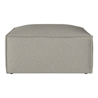 Light gray upholstered ottoman with a simple, textured pattern and clean, modern lines. Perfect for any decor.