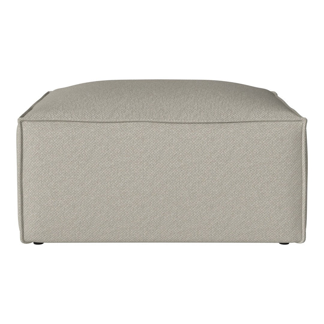 Light gray ottoman with a soft, textured fabric and clean, minimalist design. Perfect for modern living spaces.